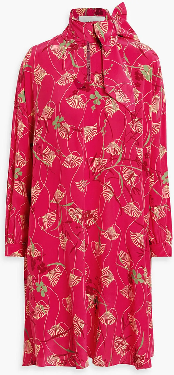 Pussy-bow floral-print silk crepe de chine dress