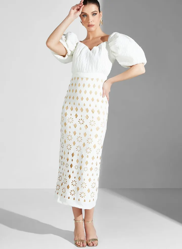 Balloon Sleeve Laser Cut Dress