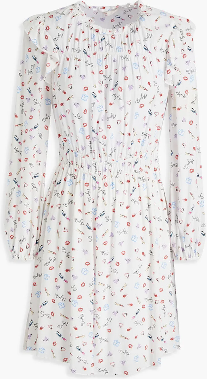 Ruffled printed crepe de chine mini dress