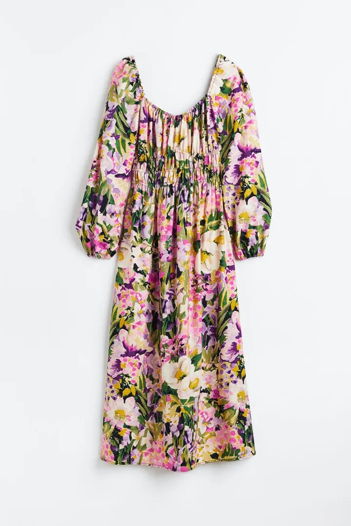 Balloon-sleeved Smocked Dress