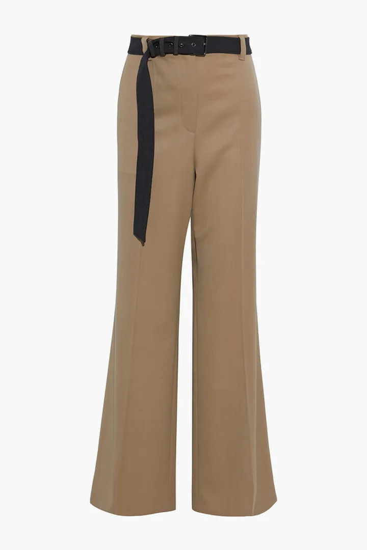 Bead-embellished belted wool wide-leg pants