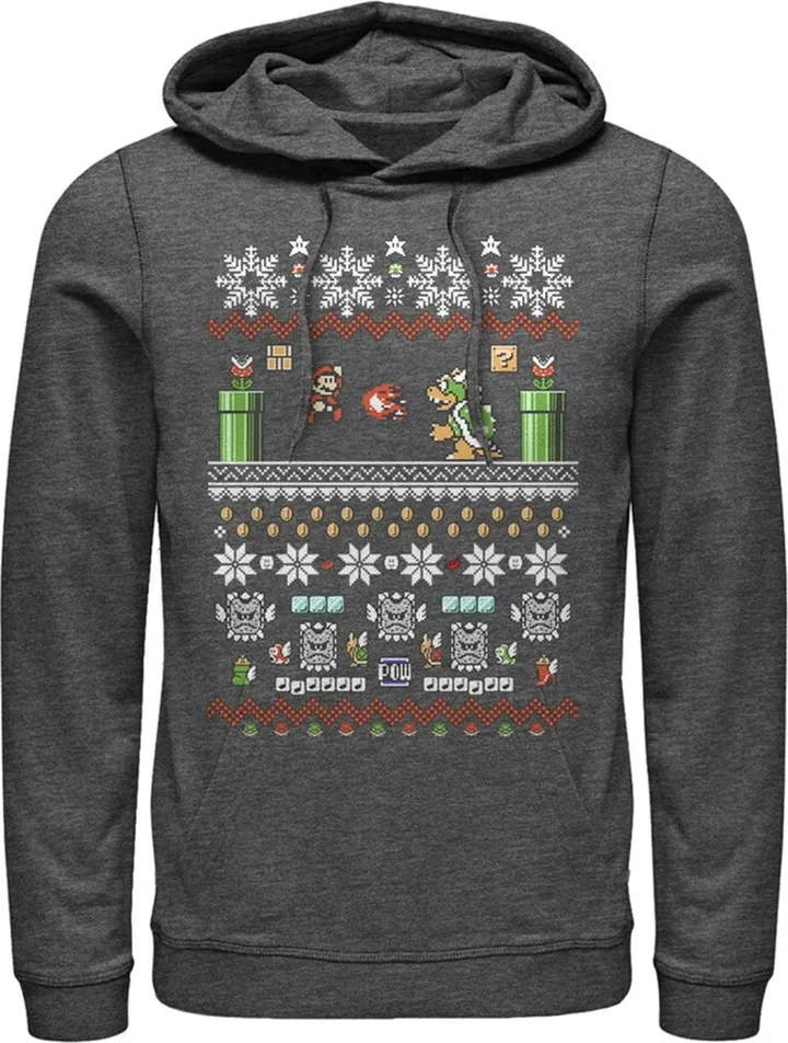 Men's Nintendo Ugly Christmas Mario and Bowser Pull Over Hoodie - Charcoal Heather - 2X Large