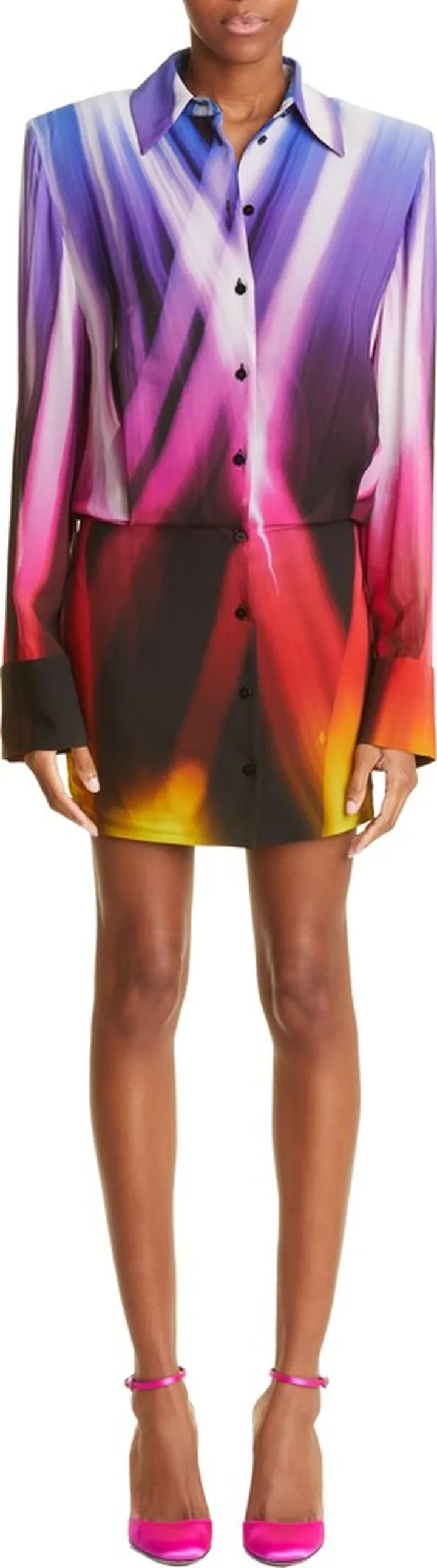 Margot Prismatic Print Long Sleeve Georgette Mini Shirtdress