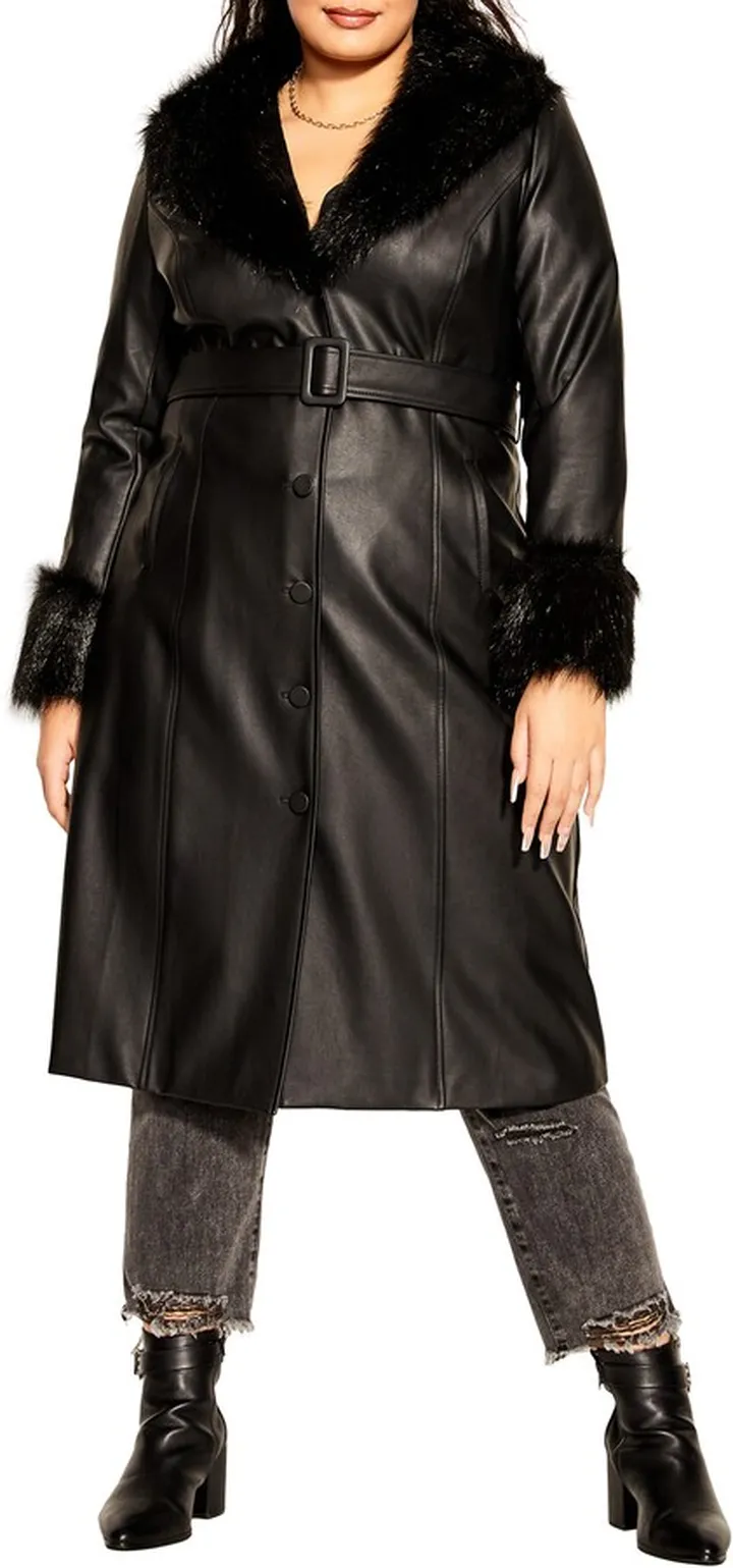 Spanish Romance Faux Leather Coat with Faux Fur Trim