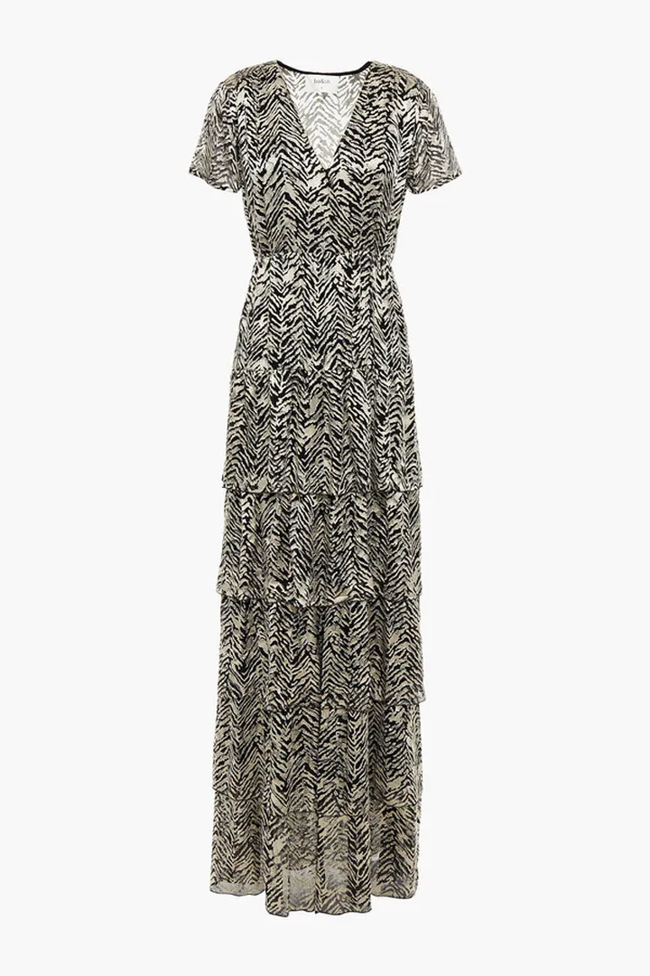 Zelie tiered wrap-effect burnout satin maxi dress
