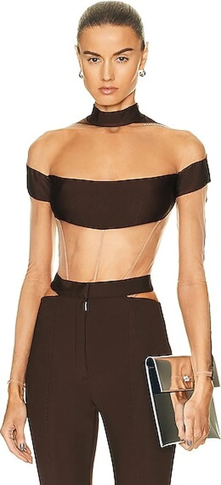 Mugler Long Sleeve Bodysuit in Brown
