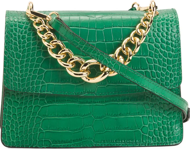Made In Italy Leather Crossbody With Croc Strap And Chain