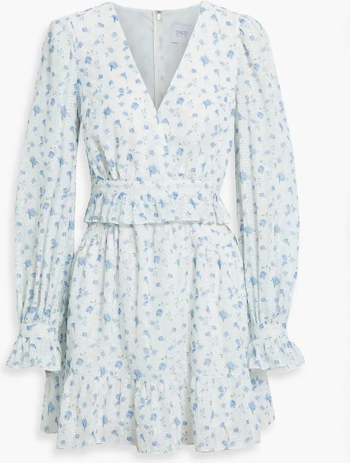 Floral-print embroidered gauze mini dress
