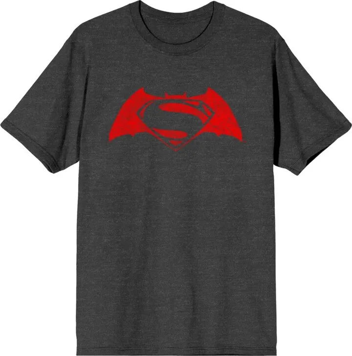 Batman V Superman Dawn Of Justice Red Logo Men’s Heather Gray Graphic T-Shirt-Large