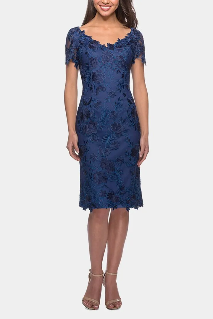 Short Sleeve Knee Length Lace Dress V-Neck