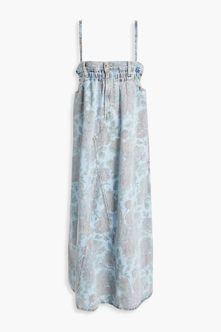 Gathered floral-print denim midi dress