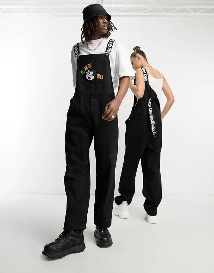 Crooked Tongues x Felix the Cat Unisex denim overalls in black