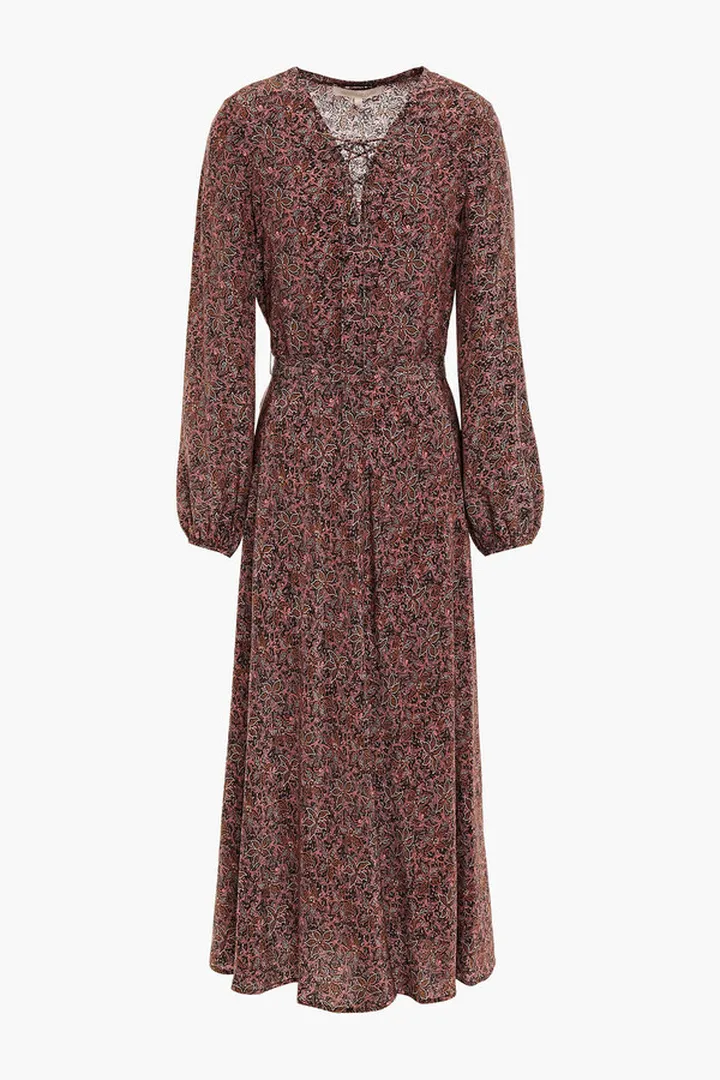 Gathered printed silk crepe de chine midi dress