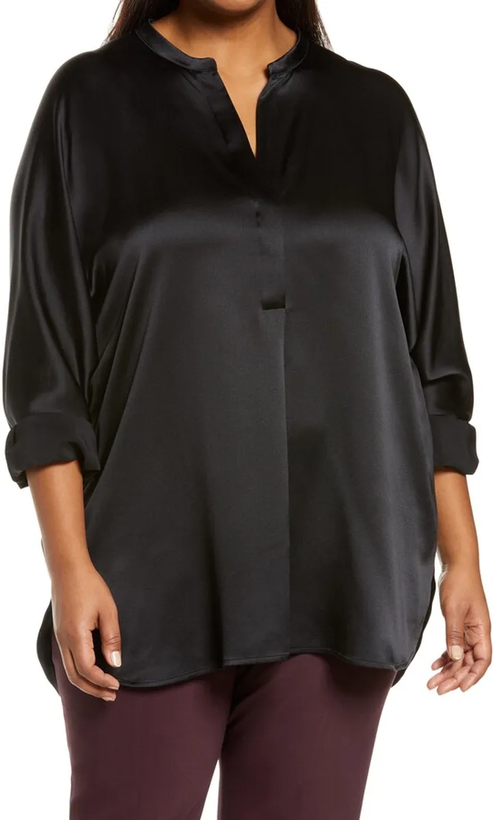 Band Collar Silk Tunic Blouse