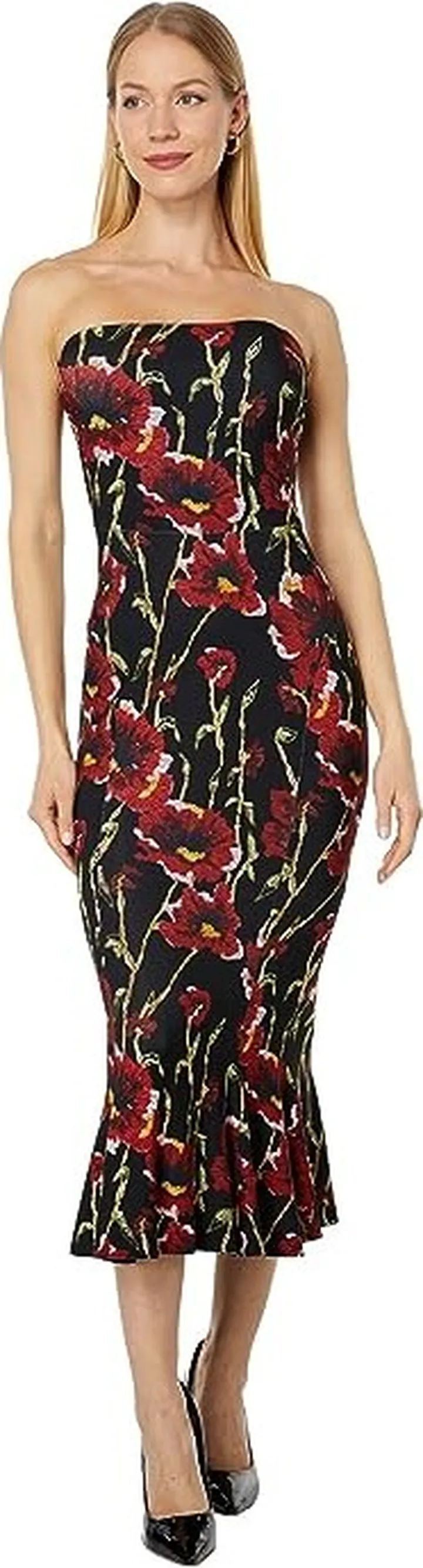 Norma Kamali Strapless Fishtail Dress To Midcalf (Black Poppy) Women's Clothing