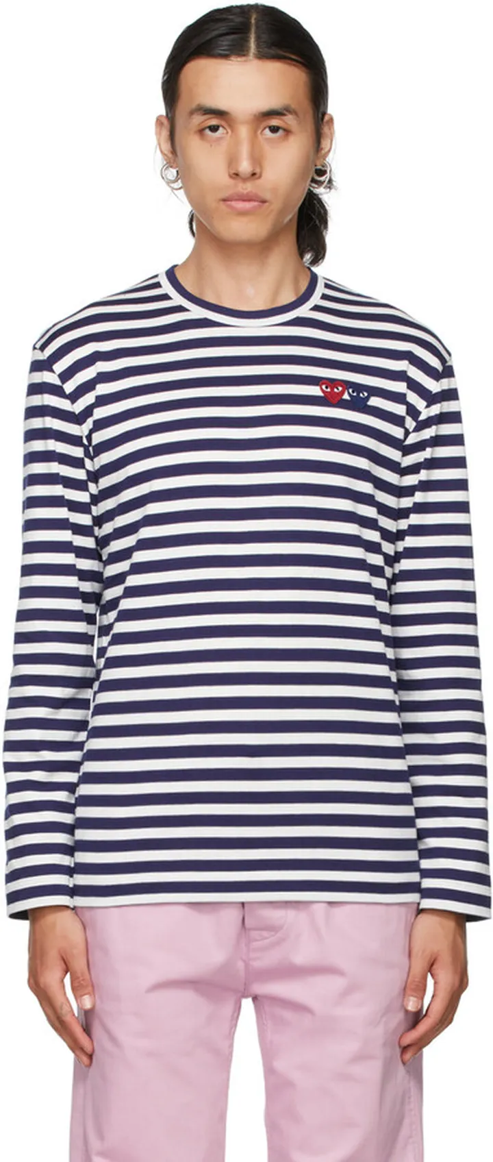 Comme des Garçons Play White & Navy Double Heart Long Sleeve T-Shirt