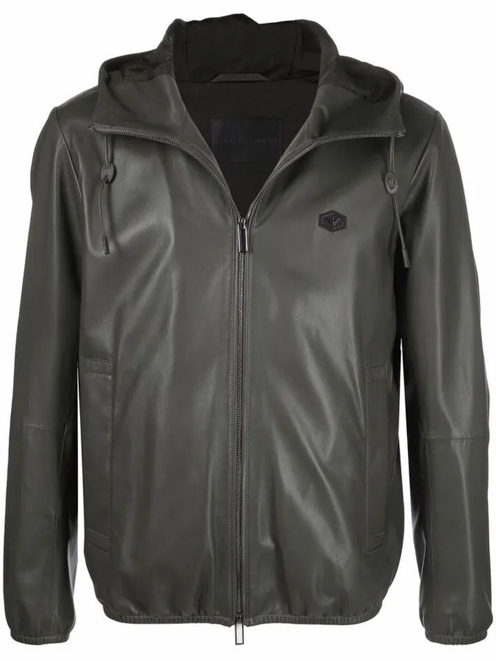 Hooded Logo-Plaque Leather Jacket