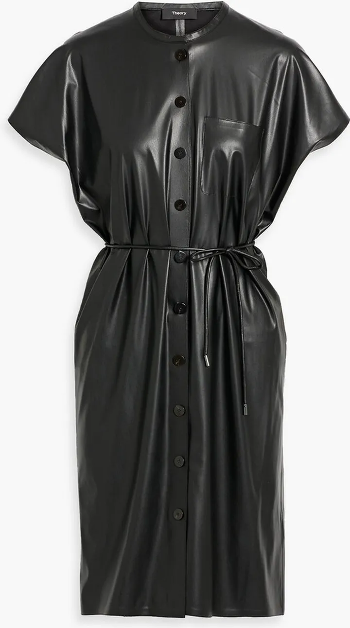 Belted faux leather mini shirt dress