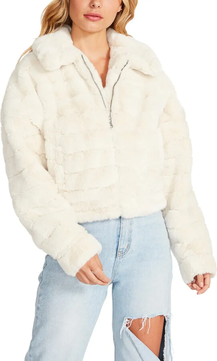 Just Fuzz Womens Faux Fur Cropped Faux Fur Coat