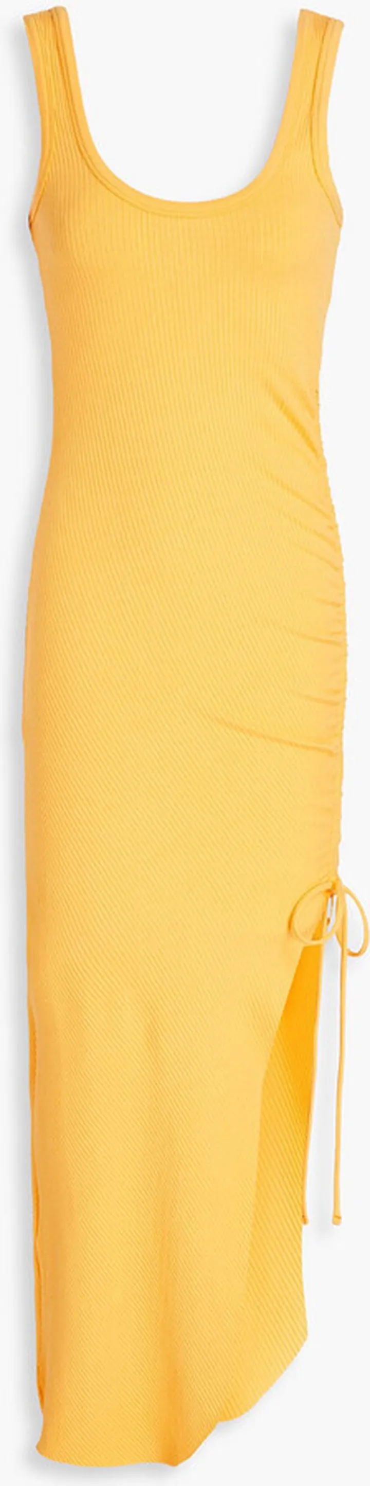 Asymmetric ruched ribbed jersey dress