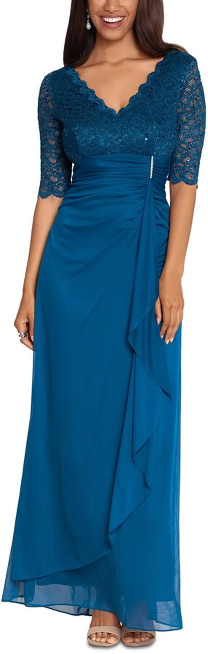Betsy & Adam Women's Lace-Top Waterfall-Detail Gown