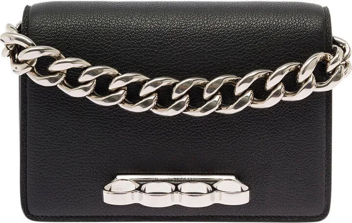 Mini Four Ring Black Hammered Leather Crossbody Bag Alexander Mcqueen Woman
