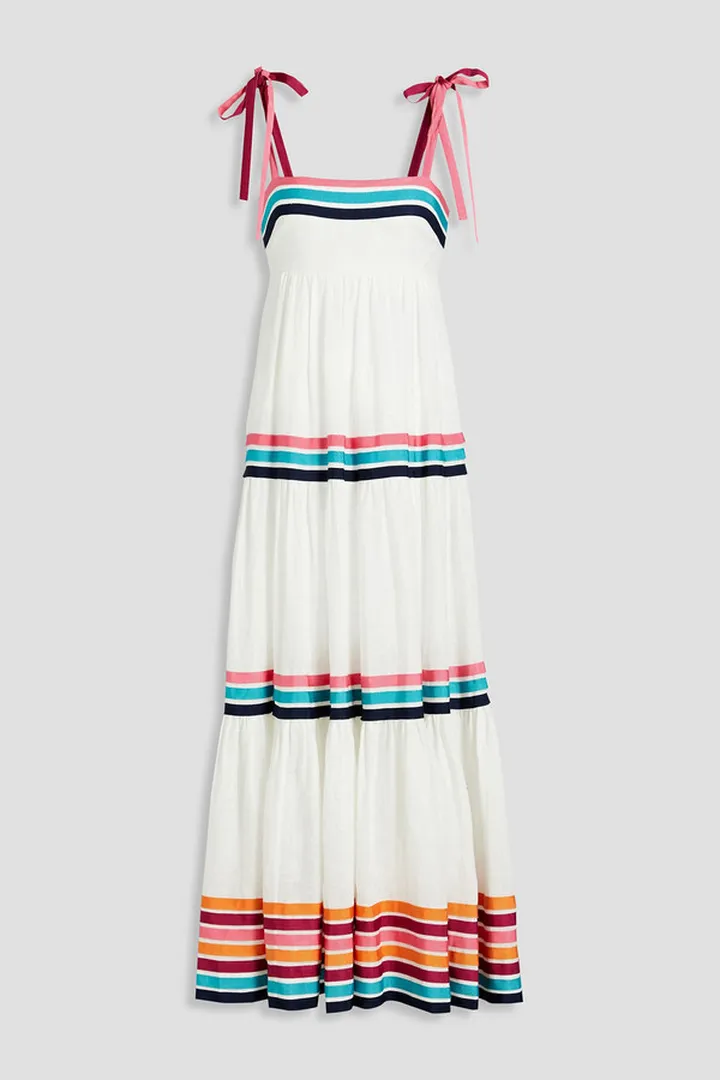 Tiered grosgrain-trimmed linen midi dress