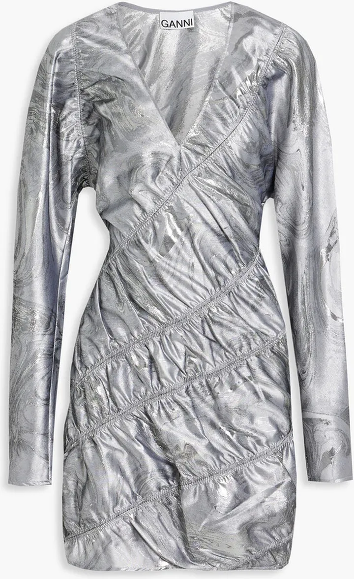 Asymmetric shirred metallic jacquard mini dress