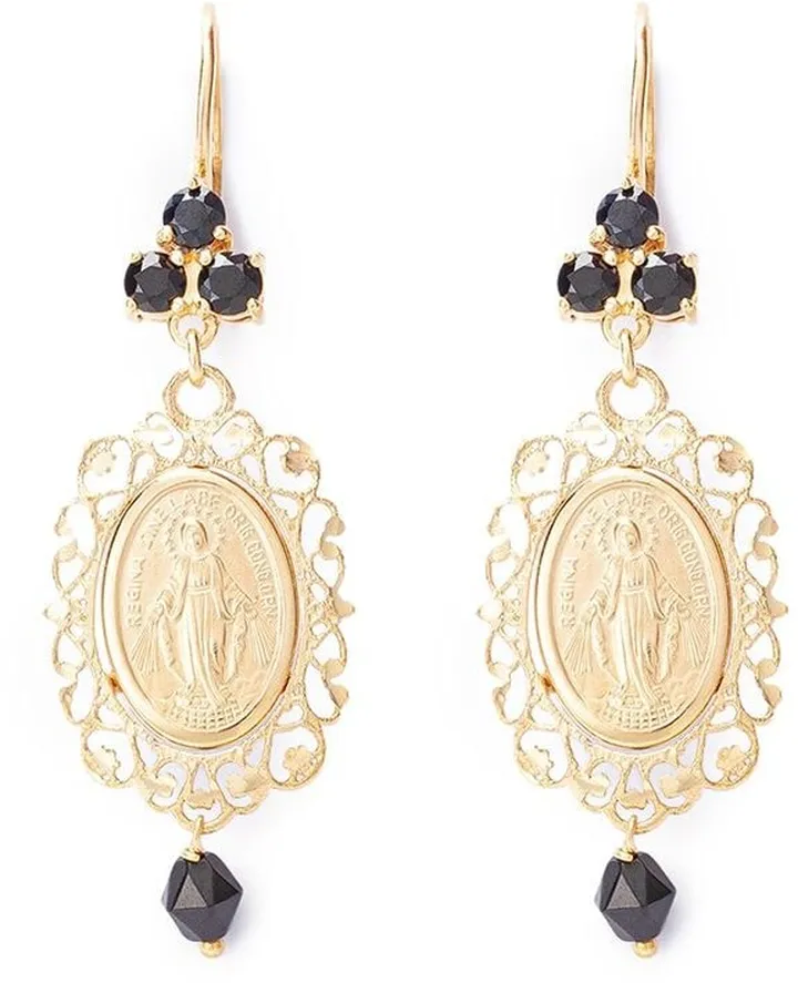 18kt yellow gold Virgin Mary sapphire drop earrings