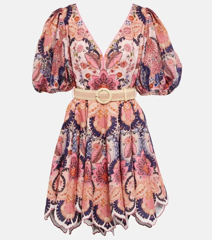 Belted printed linen minidress