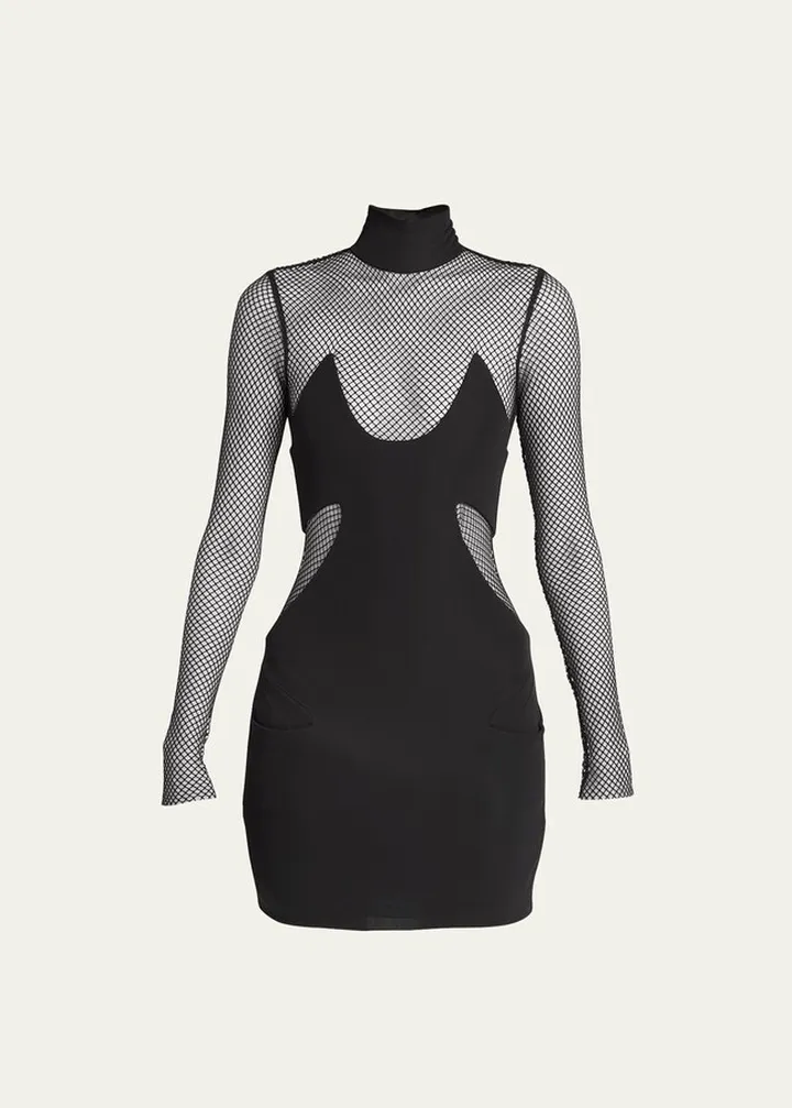 Black Crepe Mini Dress with Mesh Inset Details