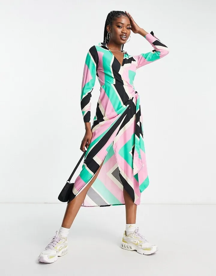 New Look shirt wrap midi dress in geo print