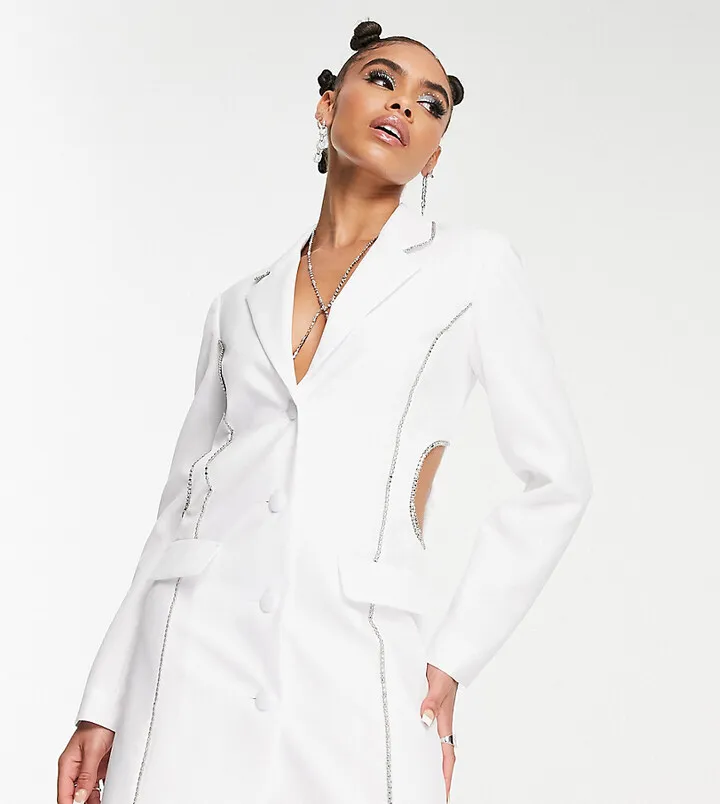 ASYOU Diamante trim blazer dress with cut out detail in white
