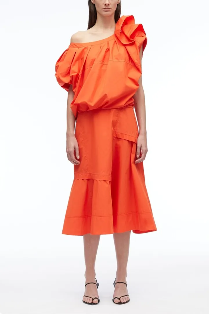 Voluminous Poplin Flower Midi Dress in tangerine-pink