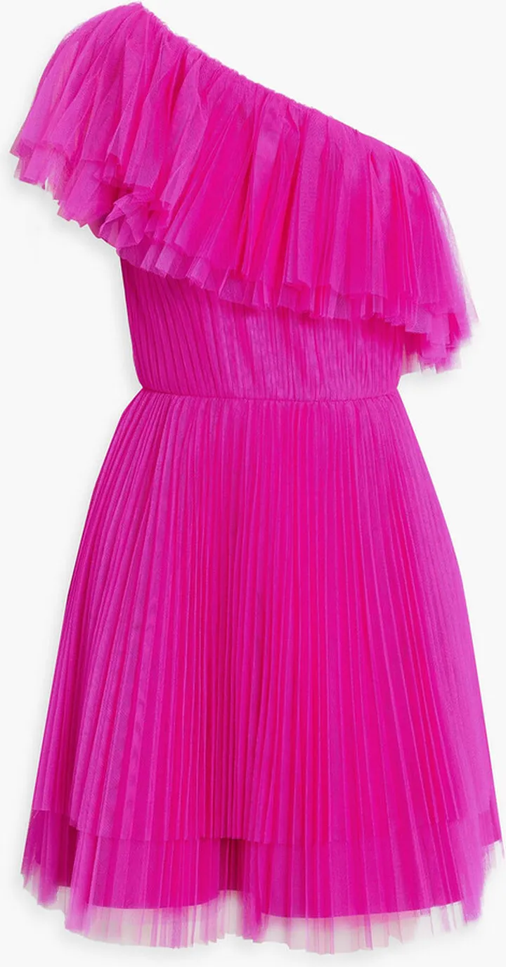 One-shoulder pleated tulle mini dress