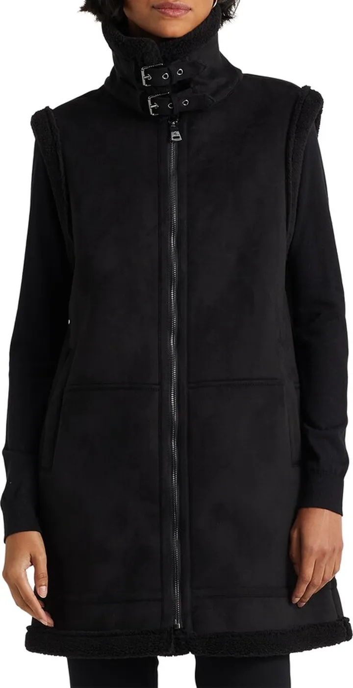 Faux Suede Vest with Faux Shearling Trim