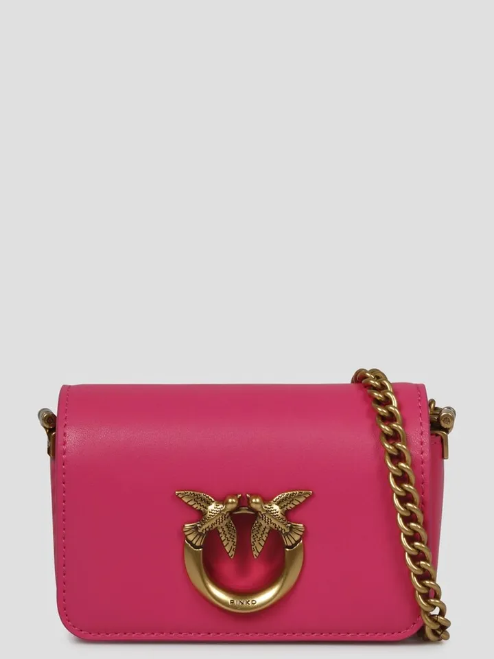 Pinko Micro Love Bag Click in silky-feel leather embellished by the iconic metal Love Birds Diamond Cut buckle.