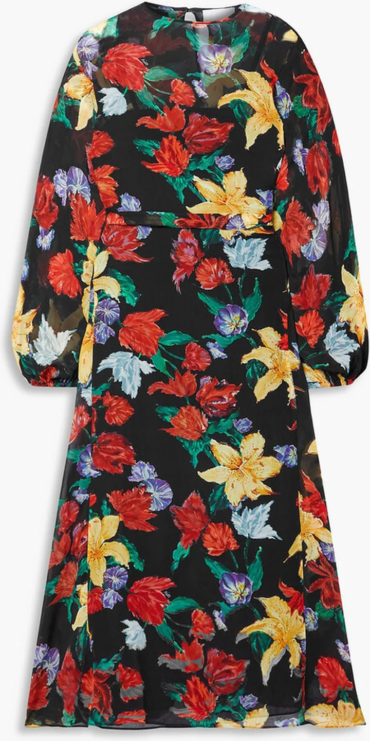 Pia belted floral-print chiffon midi dress