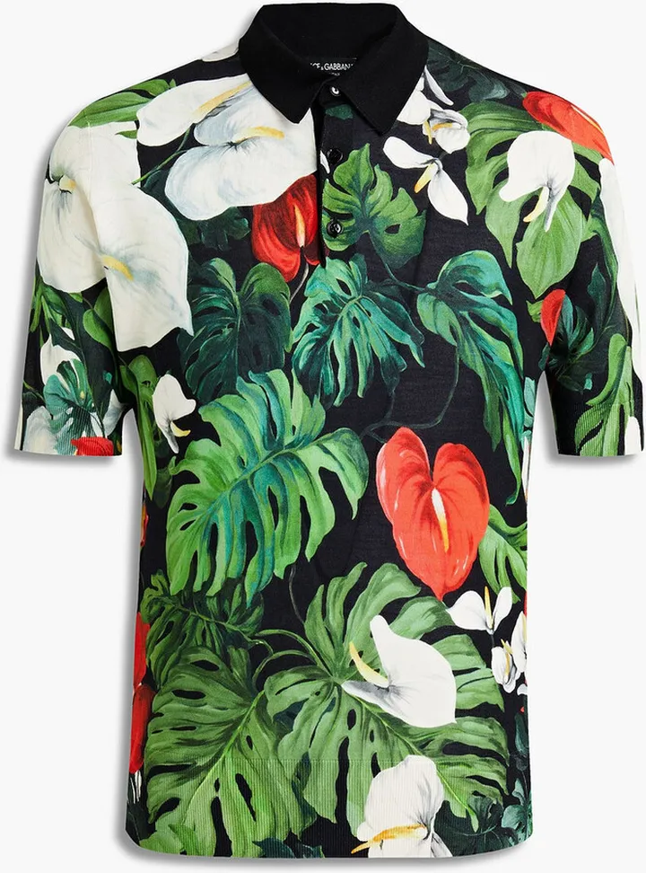 Floral-print silk-jersey polo shirt