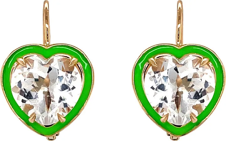 White Topaz and Neon Enamel Heart Yellow Gold Cocktail Earrings