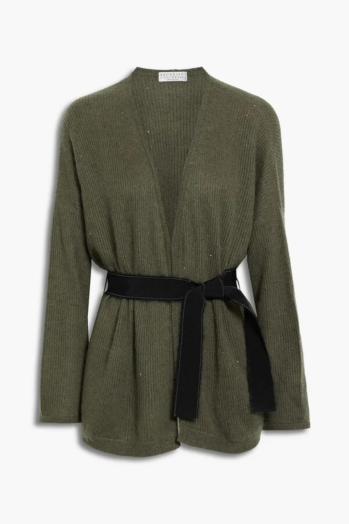 Belted bead-embellished ribbed-knit cardigan