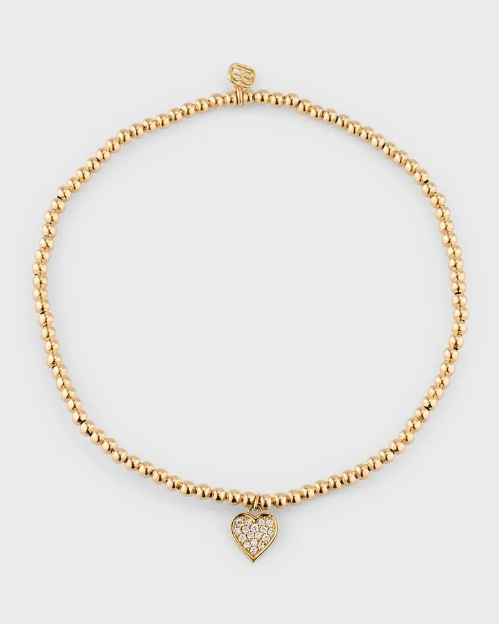 2mm Gold Bead Bracelet with Diamond Pave Heart