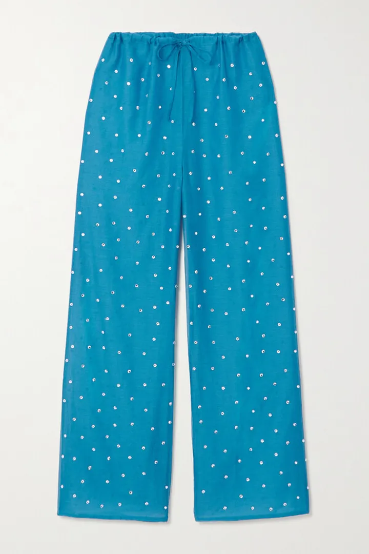 Oséree - Gem Crystal-embellished Cotton And Silk-blend Straight-leg Pants - Blue