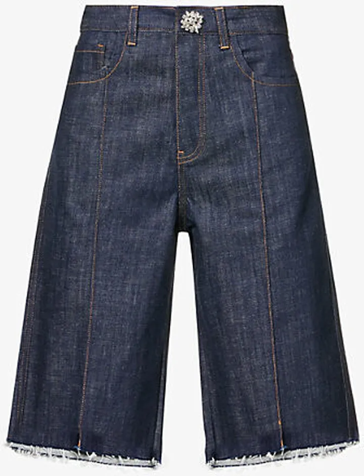 Womens Denim Crystal-embellished Straight-leg Mid-rise Stretch-organic Denim Shorts