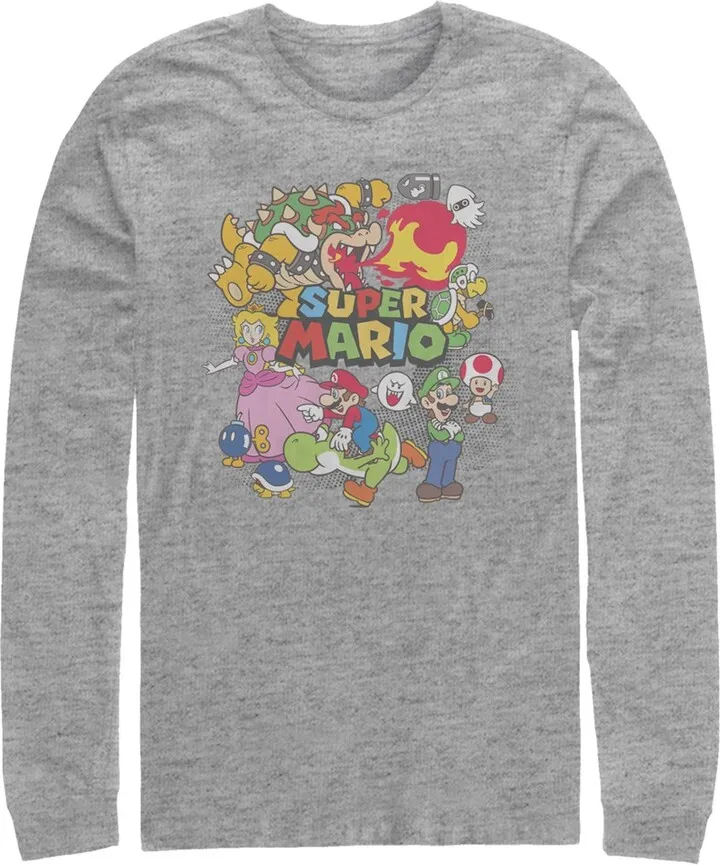 Men's Nintendo Mario Cast Collage Long Sleeve Shirt - Athletic Heather - X Large