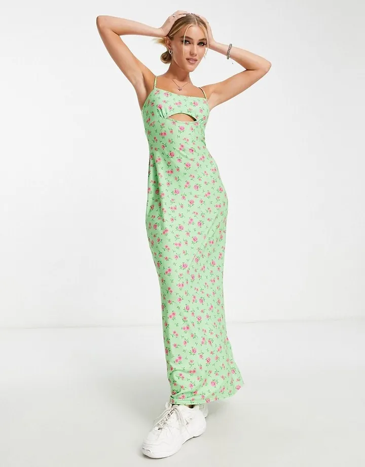 ASOS DESIGN strappy cut-out detail maxi dress in green ditsy floral