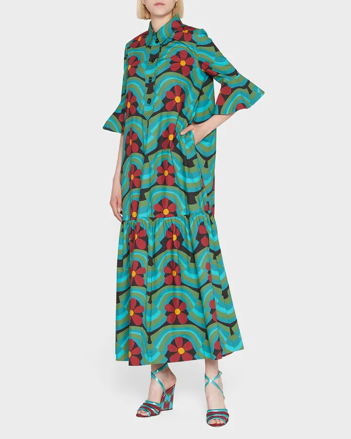 Artemis Wavy Floral-Print Ruffle-Cuff Maxi Shirtdress