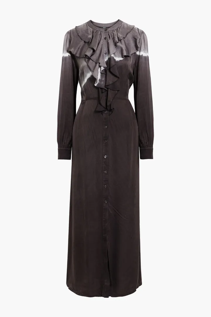 Ruffled tie-dyed sateen maxi dress