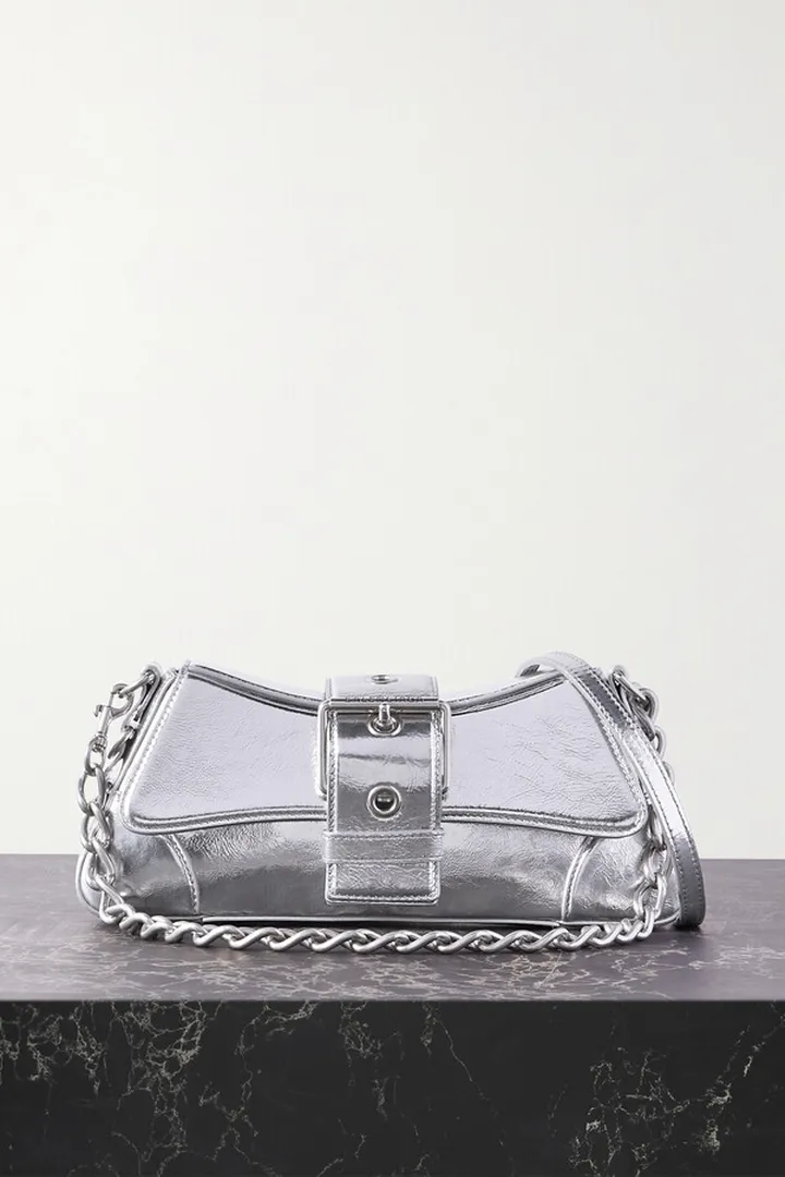 Balenciaga - Lindsay Small Buckled Metallic Crinkled-leather Shoulder Bag - Silver