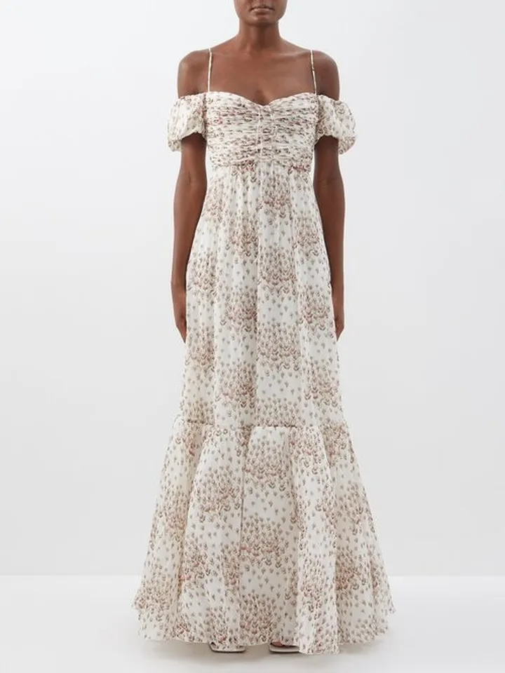 Tulip-print Off-the-shoulder Silk-georgette Gown